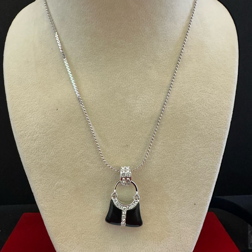 Pocketbook Purse Pendant Necklace Black Enameling Silver Tone Rhinestones